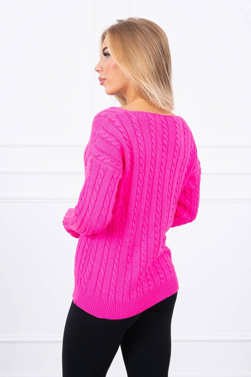 Sweter pleciony z dekoltem V różowy neon