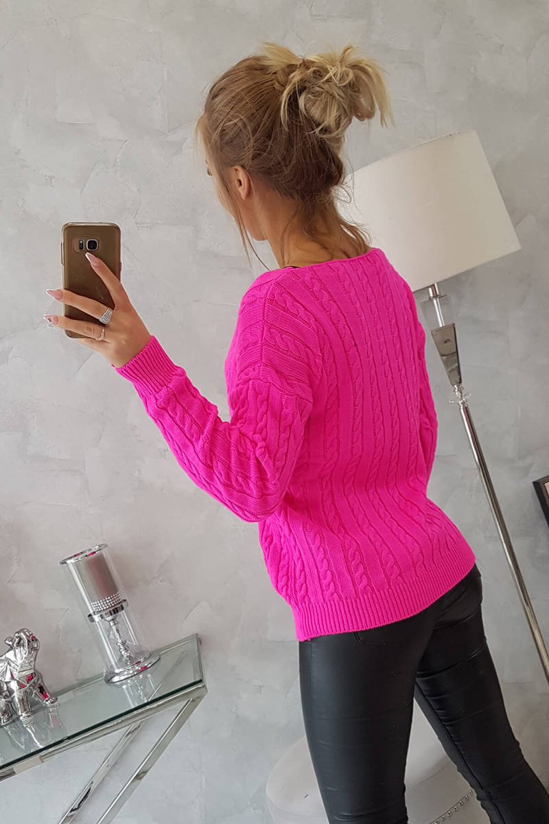  Sweter pleciony z dekoltem V różowy neon