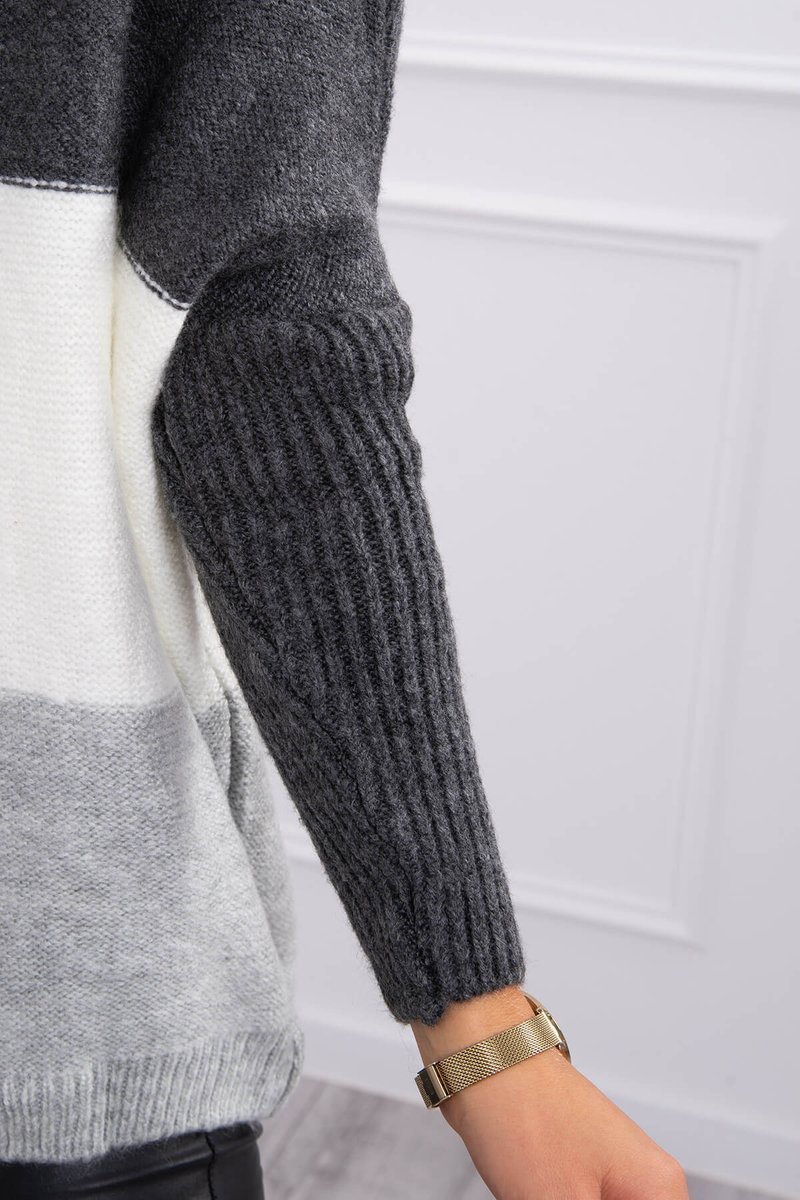  Sweter z kapturem trzykolorowy grafitowy+ecru+szary